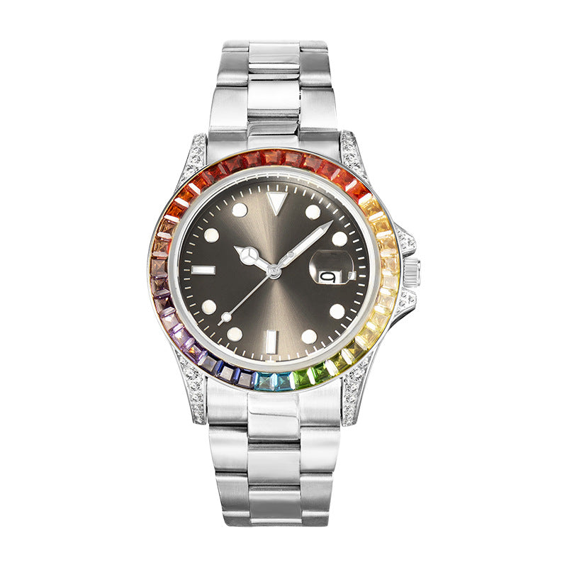 Luxury Colorful Full Diamond Watches with Calendar Quartz Watch Stainless Steel Wristwatch for Men